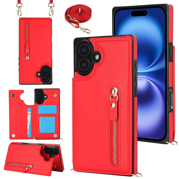 For iPhone 16 Cross-body Zipper Square Phone Case(Red) - iPhone 16 Cases by buy2fix | Online Shopping UK | buy2fix