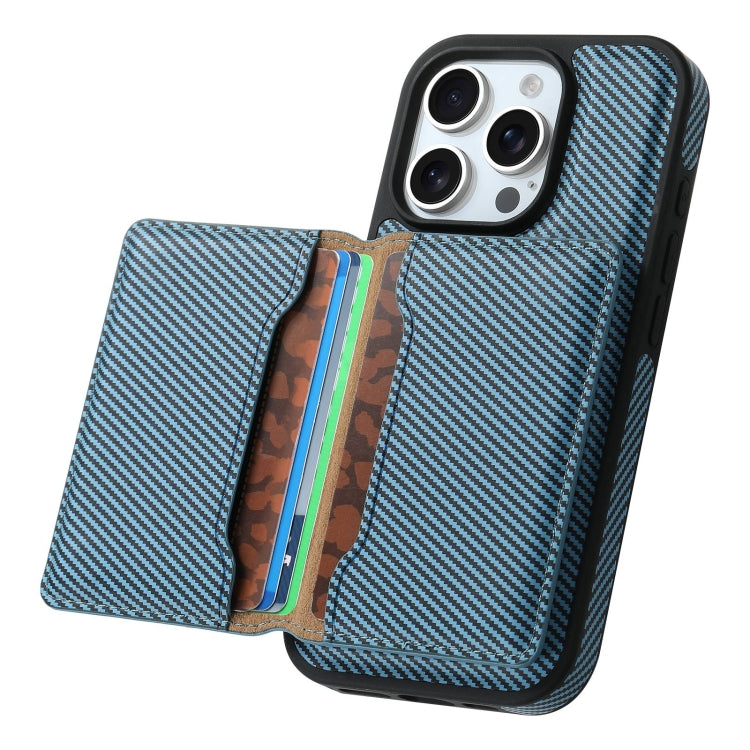 For iPhone 16 Pro Max Denior Carbon Fiber Texture Leather Card Bag MagSafe Phone Case(Blue) - iPhone 16 Pro Max Cases by Denior | Online Shopping UK | buy2fix