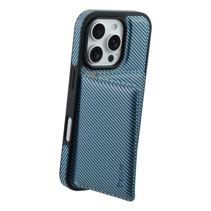 For iPhone 16 Pro Denior Carbon Fiber Texture Leather Card Bag MagSafe Phone Case(Blue) - iPhone 16 Pro Cases by Denior | Online Shopping UK | buy2fix