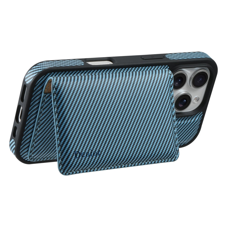 For iPhone 16 Pro Denior Carbon Fiber Texture Leather Card Bag MagSafe Phone Case(Blue) - iPhone 16 Pro Cases by Denior | Online Shopping UK | buy2fix