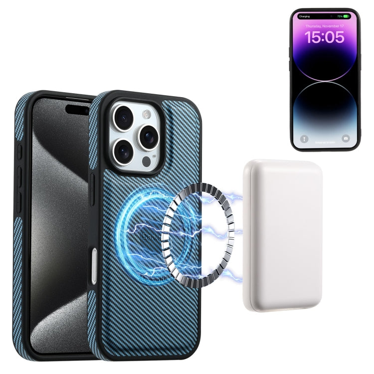 For iPhone 16 Pro Denior Carbon Fiber Texture Leather Card Bag MagSafe Phone Case(Blue) - iPhone 16 Pro Cases by Denior | Online Shopping UK | buy2fix