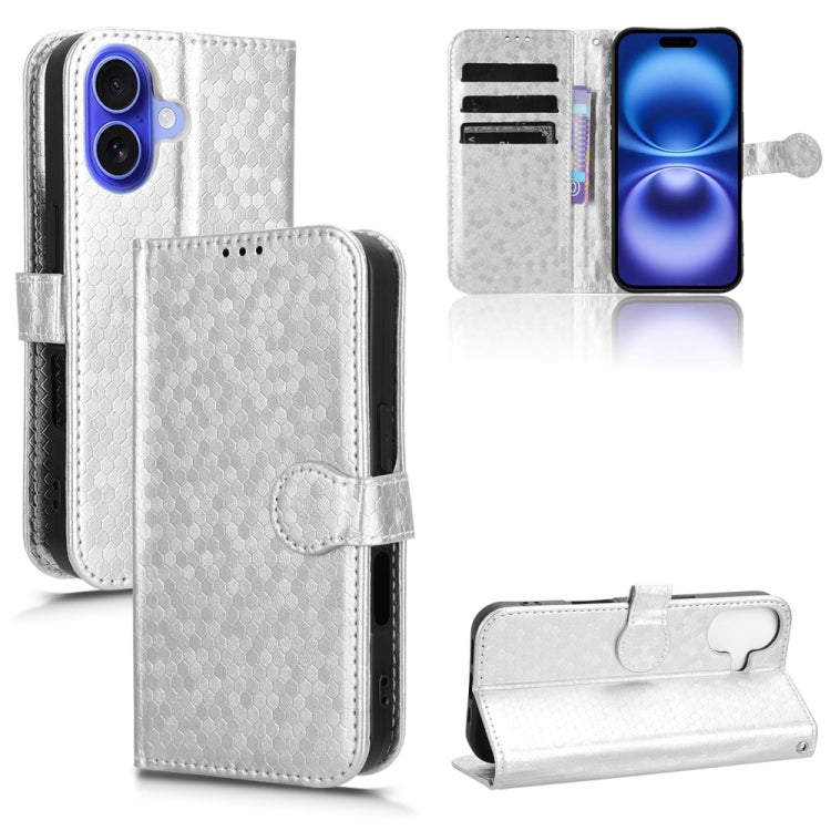 For iPhone 16 Honeycomb Dot Texture Leather Phone Case(Silver) - iPhone 16 Cases by buy2fix | Online Shopping UK | buy2fix