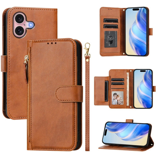 For iPhone 16 Multi-Card Slots Zipper Wallet Leather Phone Case(Brown) - iPhone 16 Cases by buy2fix | Online Shopping UK | buy2fix