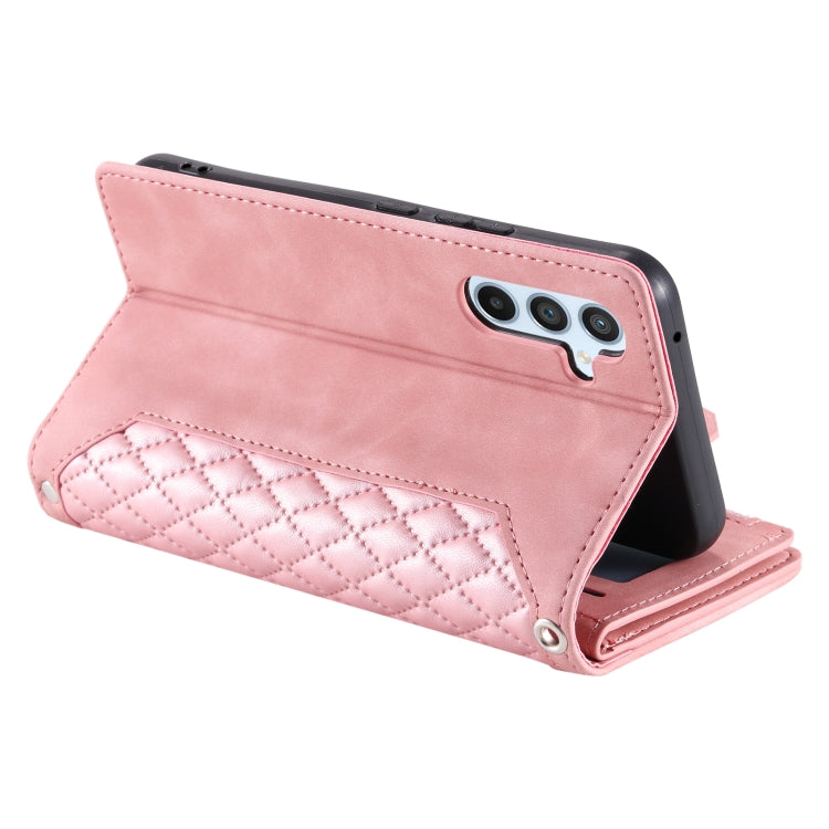 For Samsung Galaxy S25 5G Grid Texture Zipper Leather Phone Case with Lanyard(Rose Gold) - Galaxy S25 5G Cases by buy2fix | Online Shopping UK | buy2fix