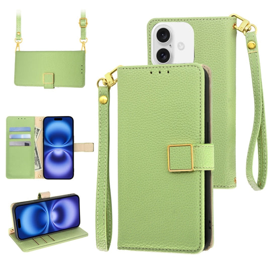 For iPhone 16 Crossbody Litchi Texture Square Buckle Leather Phone Case(Green) - iPhone 16 Cases by buy2fix | Online Shopping UK | buy2fix