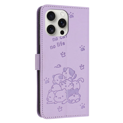 For iPhone 16 Pro Embossed Kitten Phone Leather Case with Lanyard(Purple) - iPhone 16 Pro Cases by buy2fix | Online Shopping UK | buy2fix