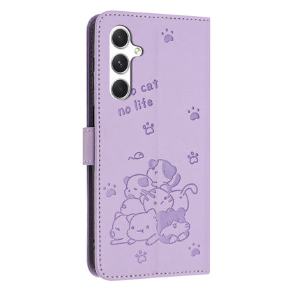 For Samsung Galaxy S25 / S24 5G Embossed Kitten Phone Leather Case with Lanyard(Purple) - Galaxy S24 5G Cases by buy2fix | Online Shopping UK | buy2fix