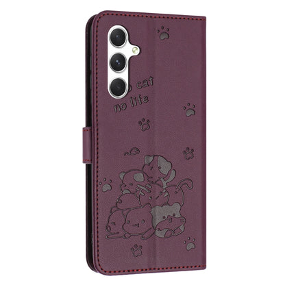 For Samsung Galaxy S25 / S24 5G Embossed Kitten Phone Leather Case with Lanyard(Wine Red) - Galaxy S24 5G Cases by buy2fix | Online Shopping UK | buy2fix