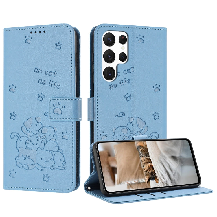 For Samsung Galaxy S25 Ultra 5G Embossed Kitten Phone Leather Case with Lanyard(Blue) - Galaxy S25 Ultra 5G Cases by buy2fix | Online Shopping UK | buy2fix