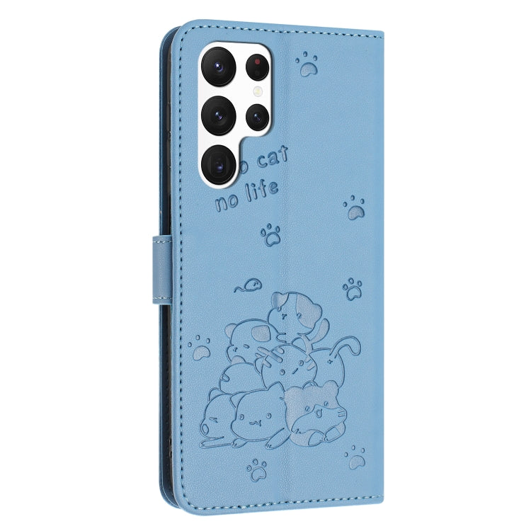 For Samsung Galaxy S25 Ultra 5G Embossed Kitten Phone Leather Case with Lanyard(Blue) - Galaxy S25 Ultra 5G Cases by buy2fix | Online Shopping UK | buy2fix