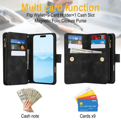 For iPhone 16 Dream 9-Card Zipper Wallet RFID Leather Phone Case with Lanyard(Black) - iPhone 16 Cases by buy2fix | Online Shopping UK | buy2fix