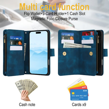 For iPhone 16 Plus Dream 9-Card Zipper Wallet RFID Leather Phone Case with Lanyard(Blue) - iPhone 16 Plus Cases by buy2fix | Online Shopping UK | buy2fix