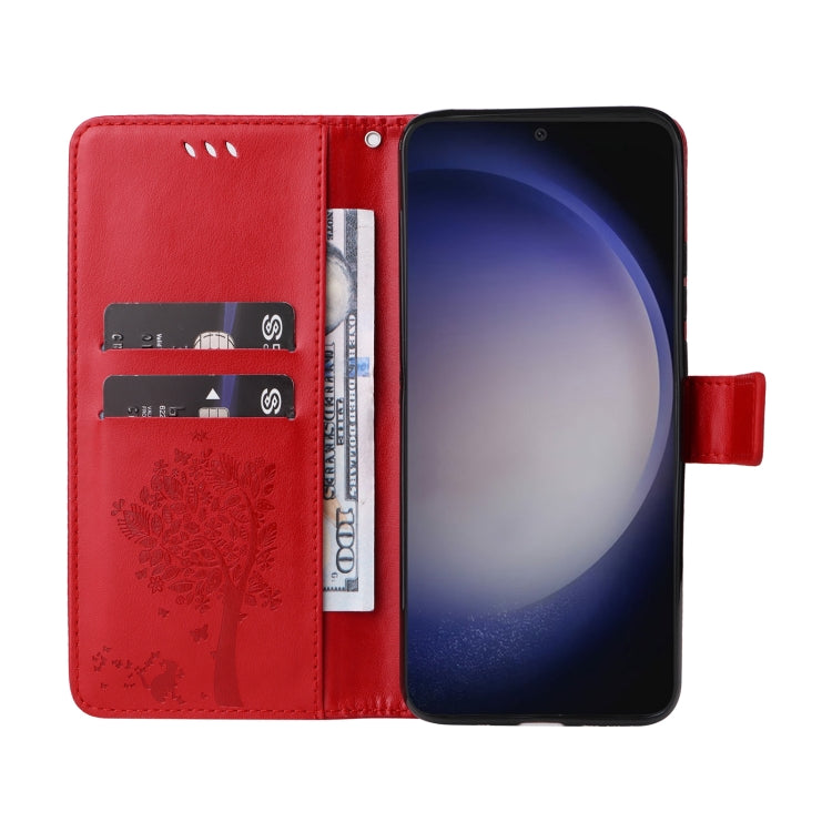 For Samsung Galaxy S25 / S24 5G Tree & Cat Embossed Pattern Flip Leather Phone Case(Red) - Galaxy S25 5G Cases by buy2fix | Online Shopping UK | buy2fix