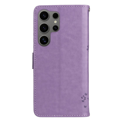 For Samsung Galaxy S25 Ultra 5G Tree & Cat Embossed Pattern Flip Leather Phone Case(Light Purple) - Galaxy S25 Ultra 5G Cases by buy2fix | Online Shopping UK | buy2fix