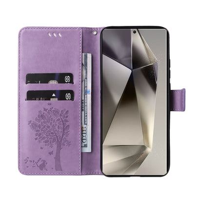 For Samsung Galaxy S25 Ultra 5G Tree & Cat Embossed Pattern Flip Leather Phone Case(Light Purple) - Galaxy S25 Ultra 5G Cases by buy2fix | Online Shopping UK | buy2fix