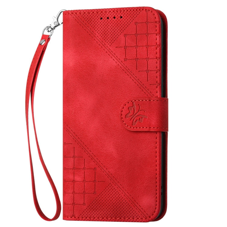 For Samsung Galaxy S25 5G YX0080 Grid Butterfly Embossed Pattern Flip Leather Phone Case with Lanyard(Red) - Galaxy S25 5G Cases by buy2fix | Online Shopping UK | buy2fix