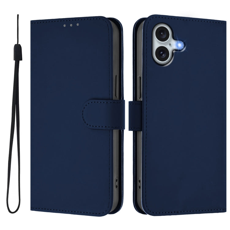 For iPhone 16 Plus Skin Feel Solid Color Leather Phone Case with Lanyard(Navy Blue) - iPhone 16 Plus Cases by buy2fix | Online Shopping UK | buy2fix