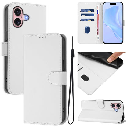 For iPhone 16 Skin Feel Solid Color Leather Phone Case with Lanyard(White) - iPhone 16 Cases by buy2fix | Online Shopping UK | buy2fix