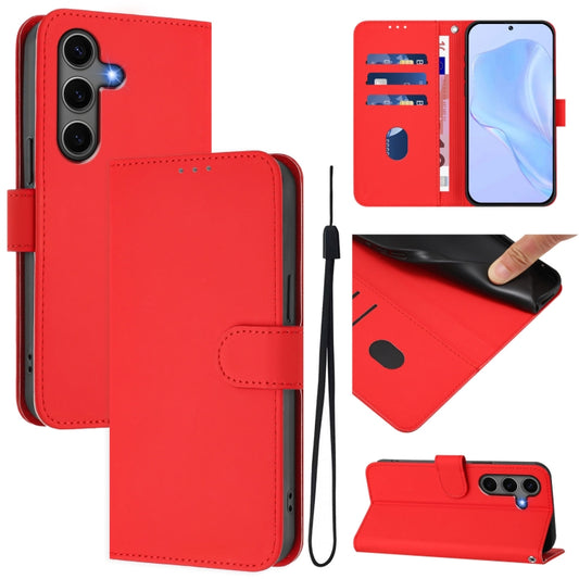 For Samsung Galaxy S25+ 5G Skin Feel Solid Color Leather Phone Case with Lanyard(Red) - Galaxy S25+ 5G Cases by buy2fix | Online Shopping UK | buy2fix