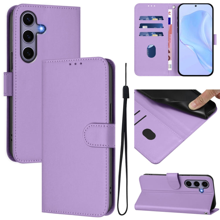 For Samsung Galaxy S25 5G Skin Feel Solid Color Leather Phone Case with Lanyard(Lavender Purple) - Galaxy S25 5G Cases by buy2fix | Online Shopping UK | buy2fix