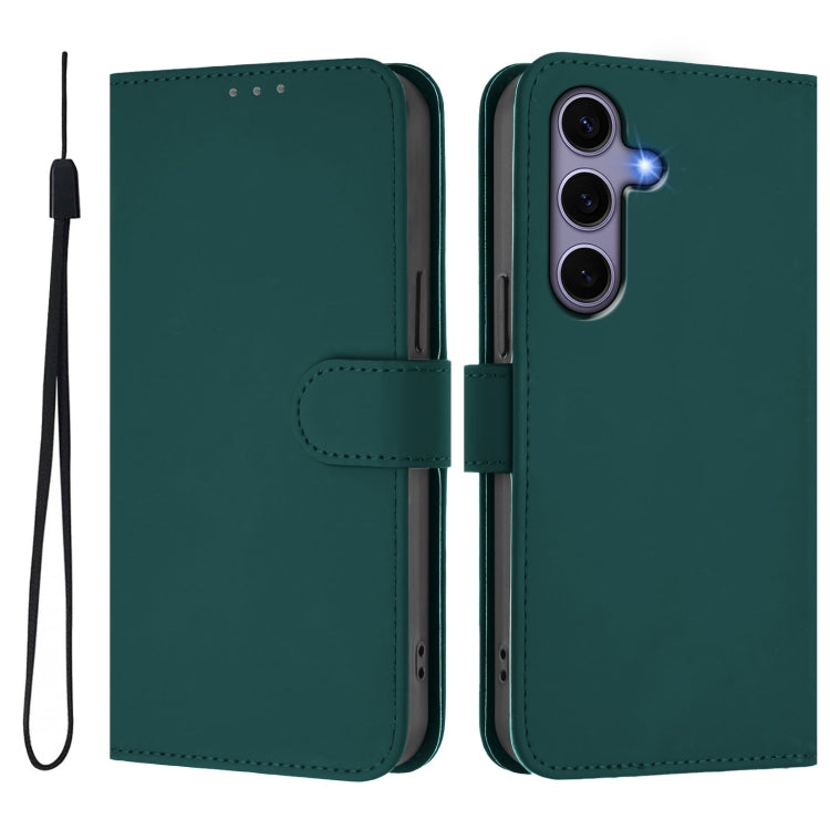 For Samsung Galaxy S25 5G Skin Feel Solid Color Leather Phone Case with Lanyard(Dark Green) - Galaxy S25 5G Cases by buy2fix | Online Shopping UK | buy2fix