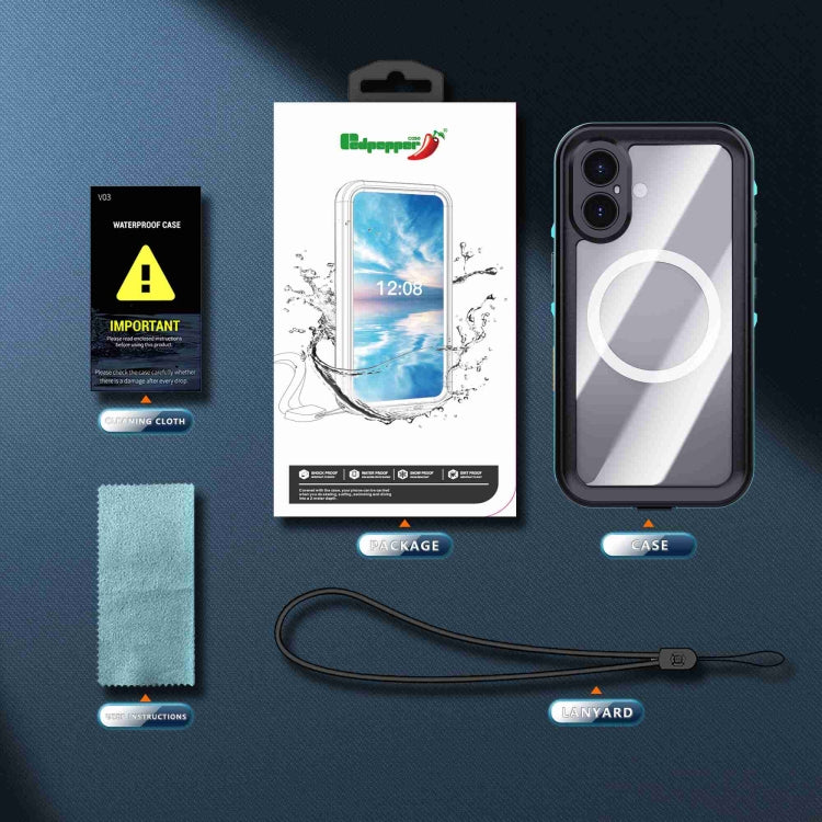 For iPhone 16 RedPepper Transparent Dot IP68 Waterproof Triple-proof MagSafe Phone Case(Black Blue) - iPhone 16 Cases by RedPepper | Online Shopping UK | buy2fix