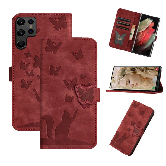 For Samsung Galaxy S25 Ultra 5G Butterfly Cat Embossing Flip Leather Phone Case(Red) - Galaxy S25 Ultra 5G Cases by buy2fix | Online Shopping UK | buy2fix