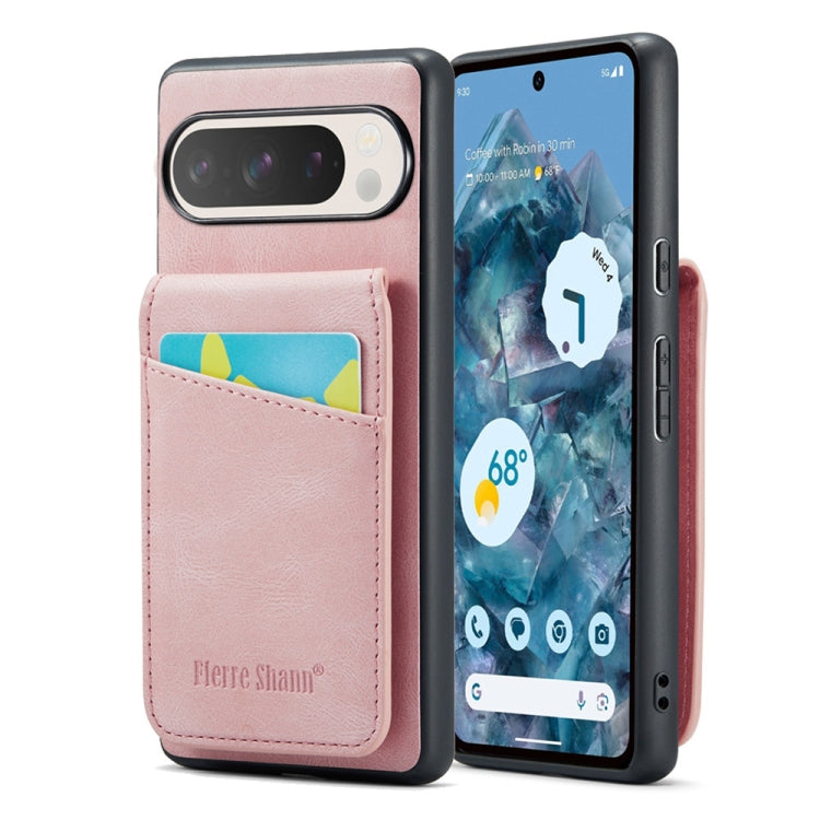 For Google Pixel 9 / 9 Pro Fierre Shann Crazy Horse Card Holder Back Cover PU Phone Case(Pink) - Google Cases by FIERRE SHANN | Online Shopping UK | buy2fix