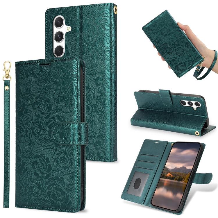 For Samsung Galaxy S25 5G Peony Flowers Imprint Leather Phone Case(Green) - Galaxy S25 5G Cases by buy2fix | Online Shopping UK | buy2fix