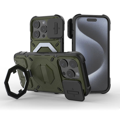 For iPhone 15 Pro Camera Shield Armor MagSafe Holder Phone Case with Strap(Dark Green) - iPhone 15 Pro Cases by buy2fix | Online Shopping UK | buy2fix