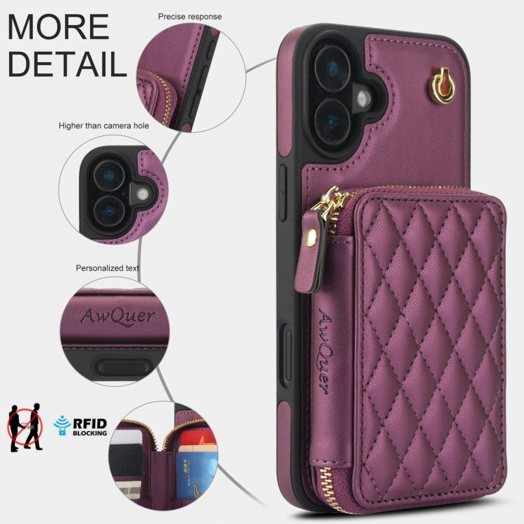 For iPhone 16 Plus AwQuer Crossbody Zipper Wallet Rhombic Leather Back Phone Case(Dark Purple) - iPhone 16 Plus Cases by Awquer | Online Shopping UK | buy2fix