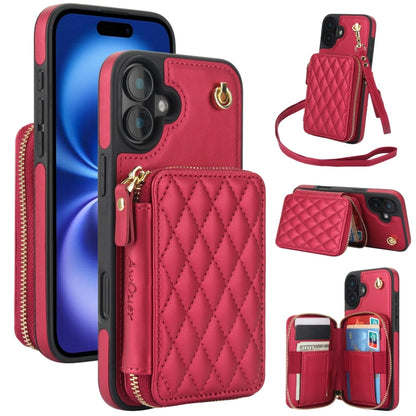 For iPhone 16 AwQuer Crossbody Zipper Wallet Rhombic Leather Back Phone Case(Red) - iPhone 16 Cases by Awquer | Online Shopping UK | buy2fix