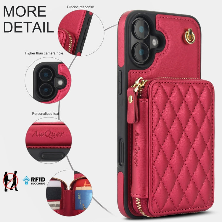 For iPhone 16 AwQuer Crossbody Zipper Wallet Rhombic Leather Back Phone Case(Red) - iPhone 16 Cases by Awquer | Online Shopping UK | buy2fix