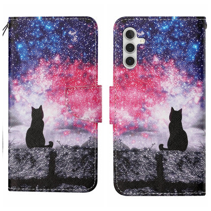 For Samsung Galaxy S25 5G Colored Drawing Pattern Leather Phone Case(Star Sky Cat) - Galaxy S25 5G Cases by buy2fix | Online Shopping UK | buy2fix