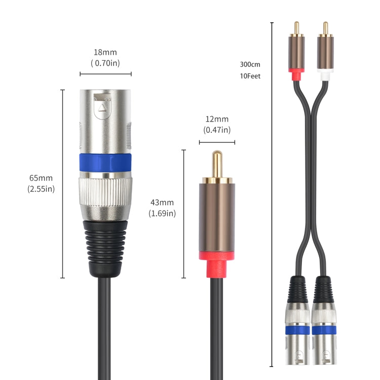 2 RCA Male to 2 XLR 3pin Male Audio Cable, Length:3m(Black Silver) - RCA Cable by buy2fix | Online Shopping UK | buy2fix