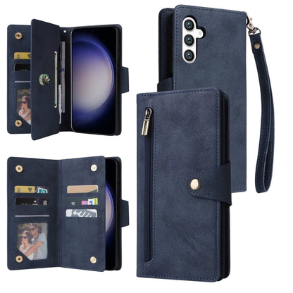 For Samsung Galaxy S25 5G Rivet Buckle 9 Cards Three Fold Leather Phone Case(Blue) - Galaxy S25 5G Cases by buy2fix | Online Shopping UK | buy2fix