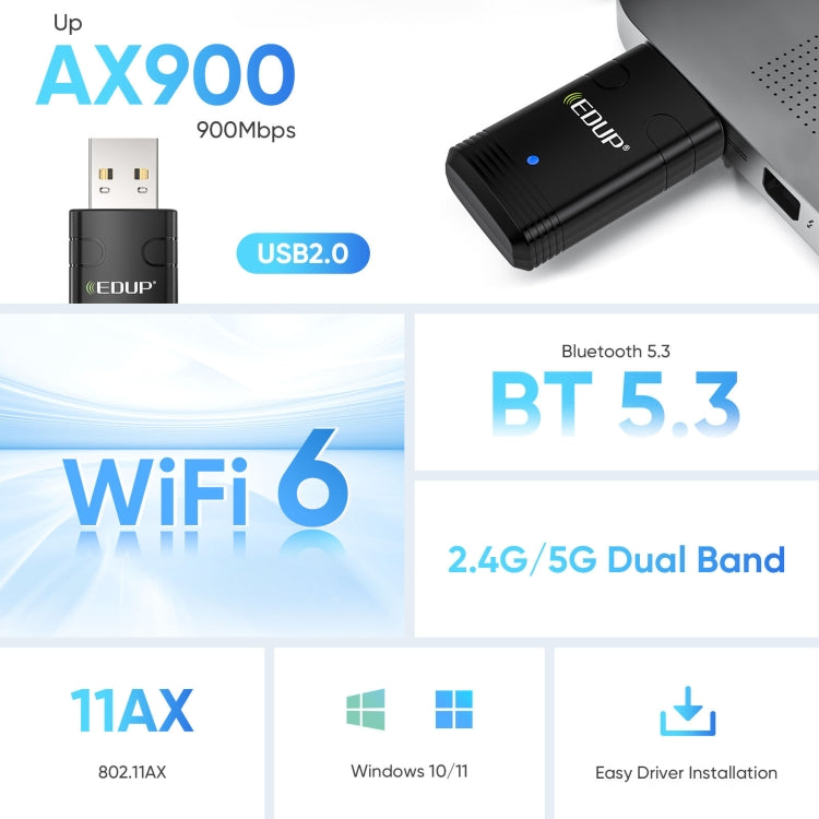 EDUP EP-AX910 900Mbps WiFi 6 Bluetooth 5.3 USB WiFi Adapter Dual-Band Wireless Network Card(Black) - USB Network Adapter by EDUP | Online Shopping UK | buy2fix