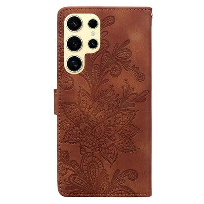 For Samsung Galaxy S25 Ultra 5G Lace Floral Embossed Magnetic Buckle PU Phone Case With Wrist Strap(Brown) - Galaxy S25 Ultra 5G Cases by buy2fix | Online Shopping UK | buy2fix