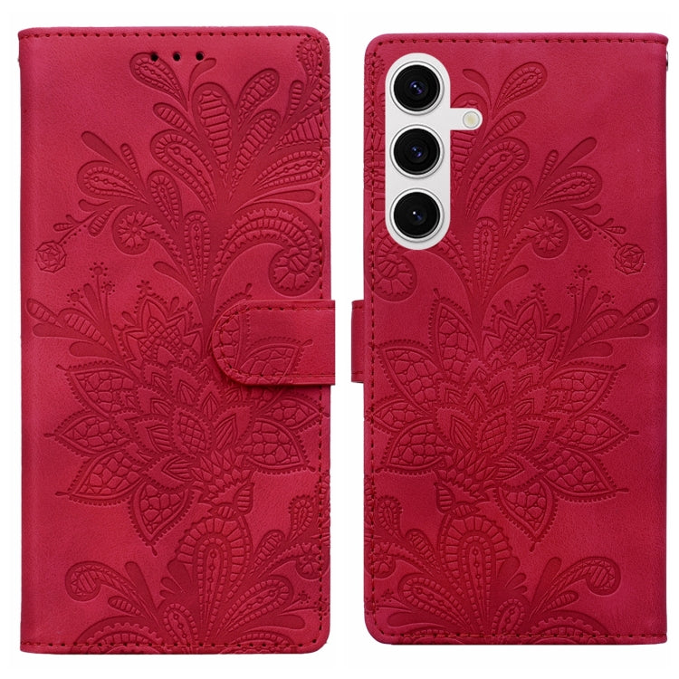 For Samsung Galaxy S25+ 5G Lace Floral Embossed Magnetic Buckle PU Phone Case With Wrist Strap(Red) - Galaxy S25+ 5G Cases by buy2fix | Online Shopping UK | buy2fix