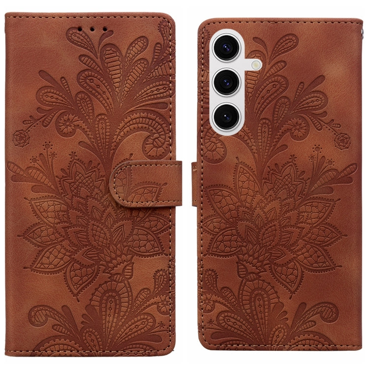 For Samsung Galaxy S25 5G Lace Floral Embossed Magnetic Buckle PU Phone Case With Wrist Strap(Brown) - Galaxy S25 5G Cases by buy2fix | Online Shopping UK | buy2fix