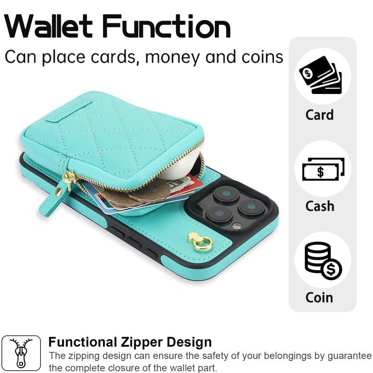 For iPhone 16 AwQuer Crossbody Zipper Wallet Bag Litchi Leather Phone Case(Mint Green) - iPhone 16 Cases by Awquer | Online Shopping UK | buy2fix