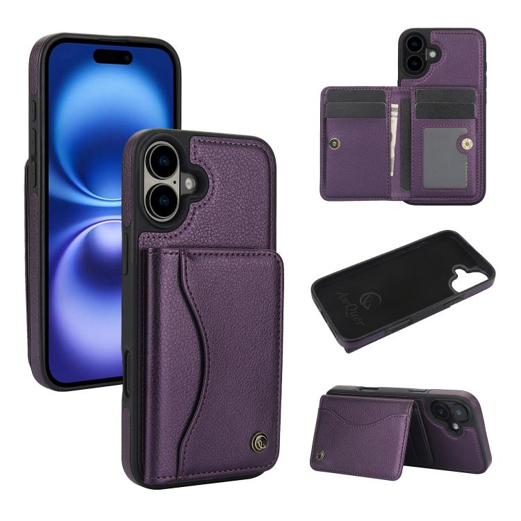 For iPhone 16 AwQuer Horizontal Flip Card Bag Holder Leather Phone Case(Dark Purple) - iPhone 16 Cases by Awquer | Online Shopping UK | buy2fix