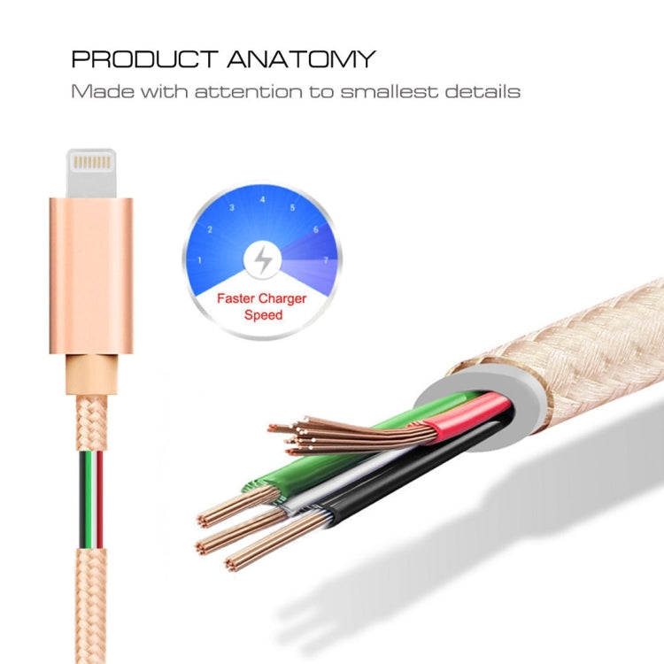 3A Woven Style Metal Head 8 Pin to USB Charge Data Cable, Cable Length: 2m(Gold) - Normal Style Cable by buy2fix | Online Shopping UK | buy2fix