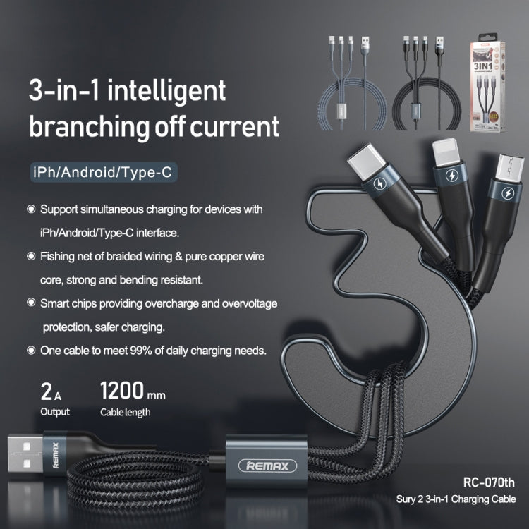 REMAX RC-070TH 1.2m 2A 3 in 1 USB to 8 Pin & USB-C / Type-C & Micro USB Charging Cable(Black) - Multifunction Cable by REMAX | Online Shopping UK | buy2fix