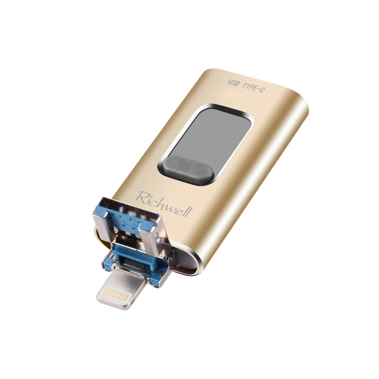 Richwell 3 in 1 16G Type-C + 8 Pin + USB 3.0 Metal Push-pull Flash Disk with OTG Function(Gold) - U Disk & Card Reader by Richwell | Online Shopping UK | buy2fix