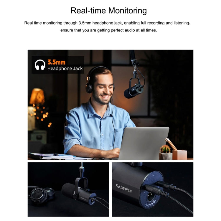 FEELWORLD PM1-AS XLR/USB Dynamic Microphone for Podcasting Recording Gaming Live Streaming with Boom Arm (Black) - Microphone by FEELWORLD | Online Shopping UK | buy2fix