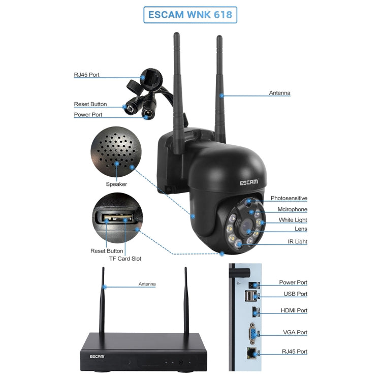 ESCAM WNK618 3.0 Million Pixels 8-channel Wireless Dome Camera HD NVR Security System, Support Motion Detection & Two-way Audio & Full-color Night Vision & TF Card, US Plug - Dome Camera by ESCAM | Online Shopping UK | buy2fix