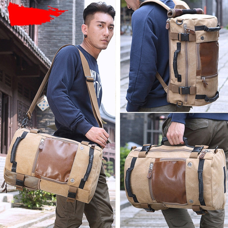 KAKA 0208 Men Canvas Stitched Leather Backpack, Size: 48 x 30 x 18cm (Khaki) - Backpacks by buy2fix | Online Shopping UK | buy2fix