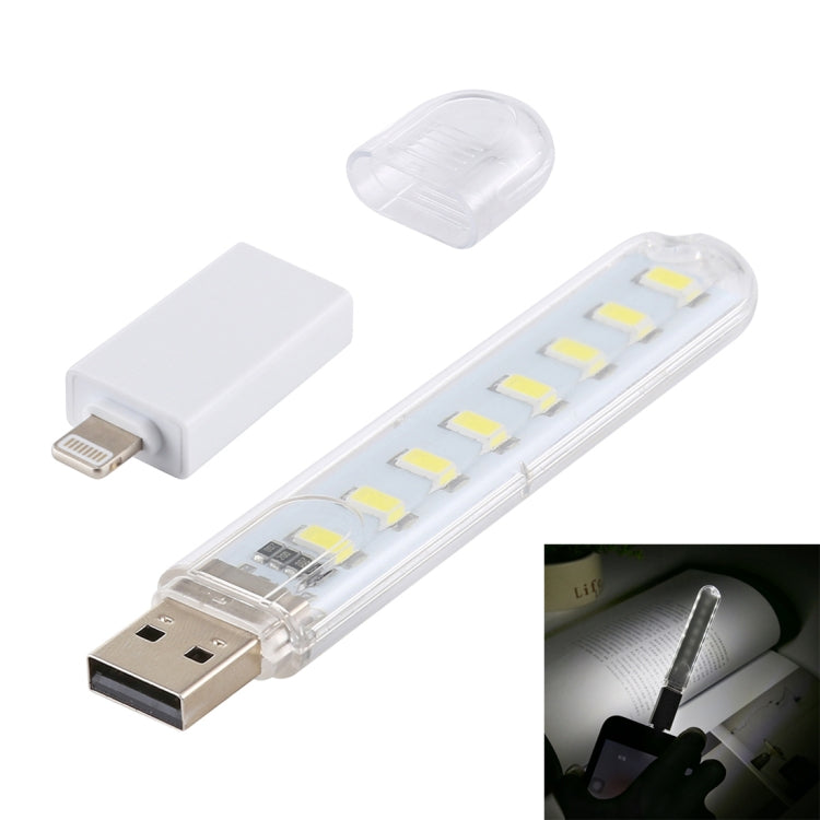 8LEDs 5V 200LM USB LED Book Light Portable Night Light, with 8 Pin Adapter(White Light) - USB Light by buy2fix | Online Shopping UK | buy2fix