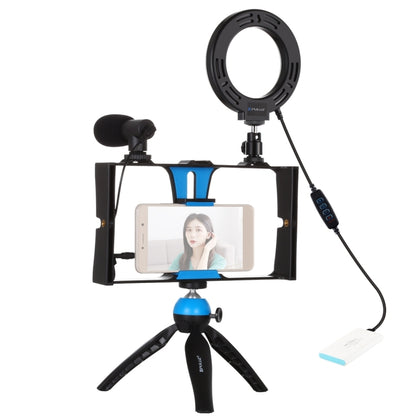 PULUZ 4 in 1 Vlogging Live Broadcast Smartphone Video Rig + 4.7 inch 12cm Ring LED Selfie Light Kits with Microphone + Tripod Mount + Cold Shoe Tripod Head for iPhone, Galaxy, Huawei, Xiaomi, HTC, LG, Google, and Other Smartphones(Blue) - Camera Cage by PULUZ | Online Shopping UK | buy2fix